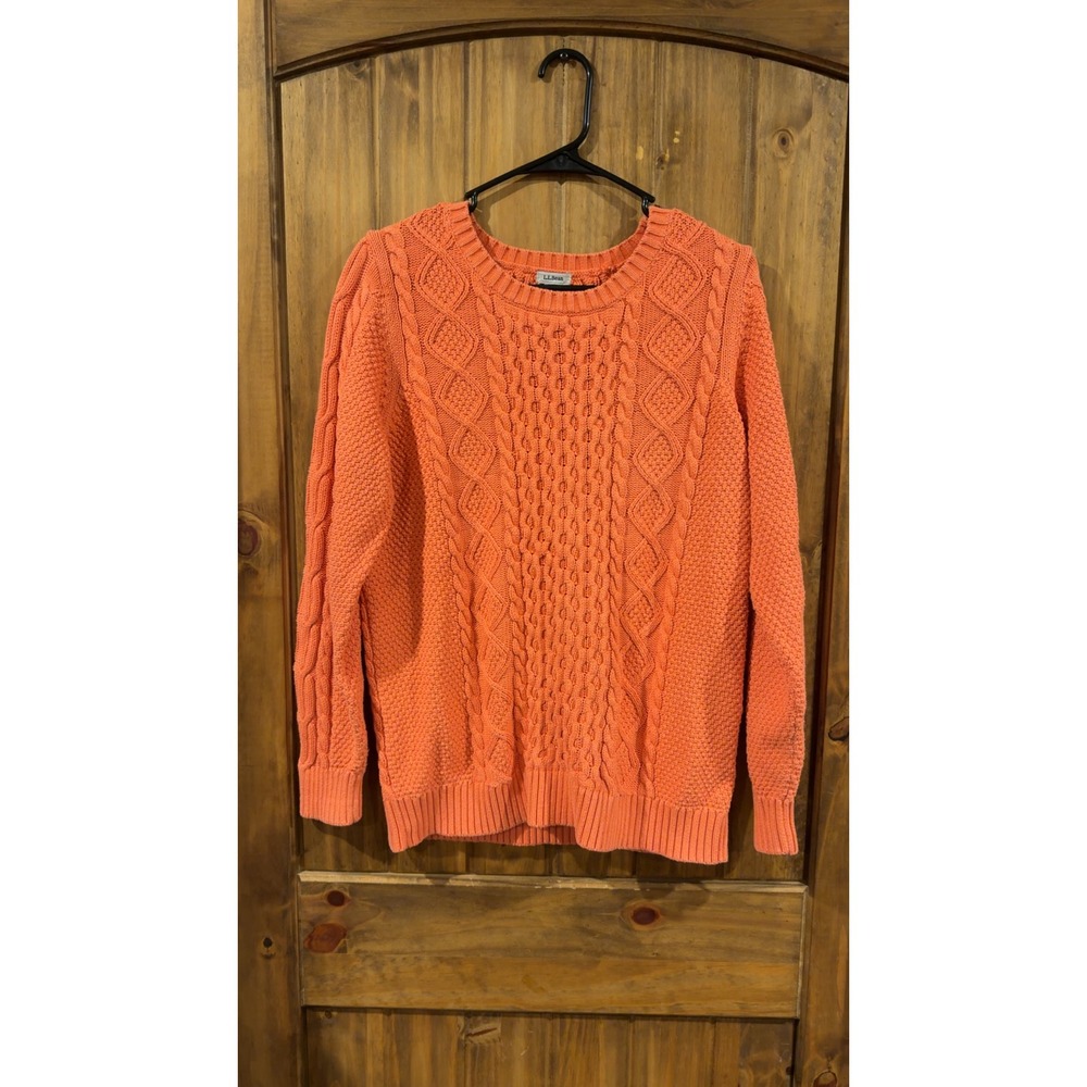 L.L. Bean Cable Knit Sweater Womens XL Orange Excellent Button Shoulder Cotton
